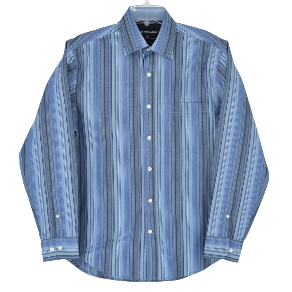 Saks Fifth Avenue Mens Shirt Small Blue Grey Striped 100% Cotton Long Sleeve NWT